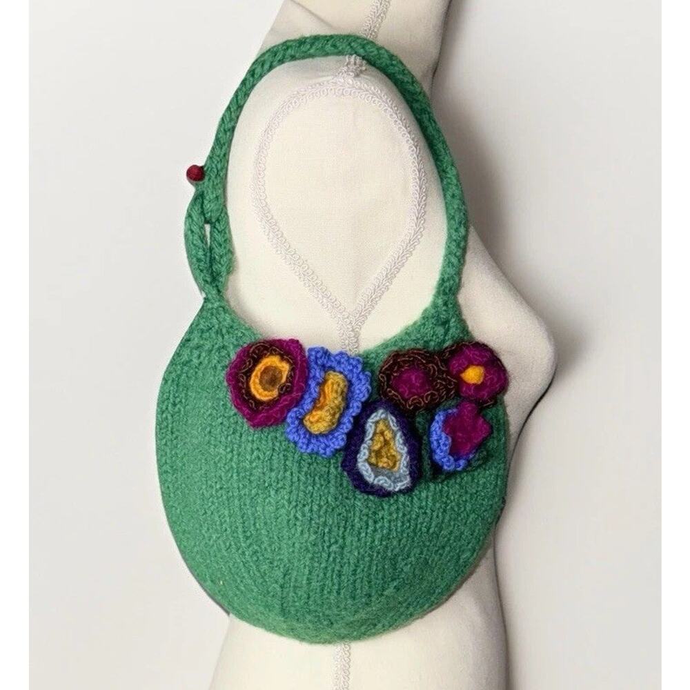 Handmade Wool Crochet Round Bubble Handbag‎ Fairy 3D Flower Green Colorful Small